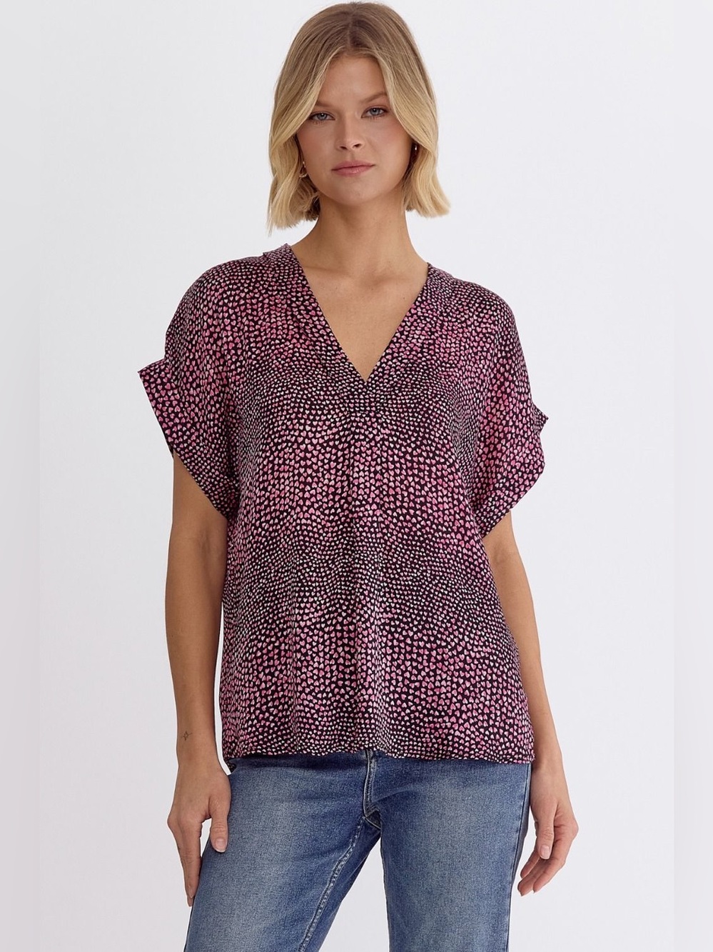 entro Pink and Black V-Neck Short Sleeve Blouse